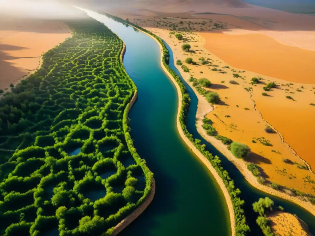 Deslumbrante red de sistemas de irrigación en Oriente, bañada por el sol dorado en un paisaje árido y fértil