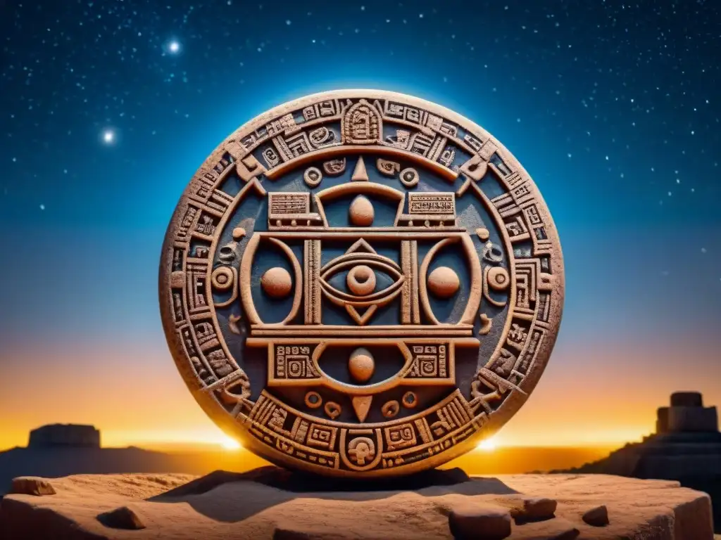 Calendario Maya: Sabiduría Astronómica Detallada representación del Calendario lunar civilizaciones antiguas grabado en piedra maya bajo un cielo estrellado