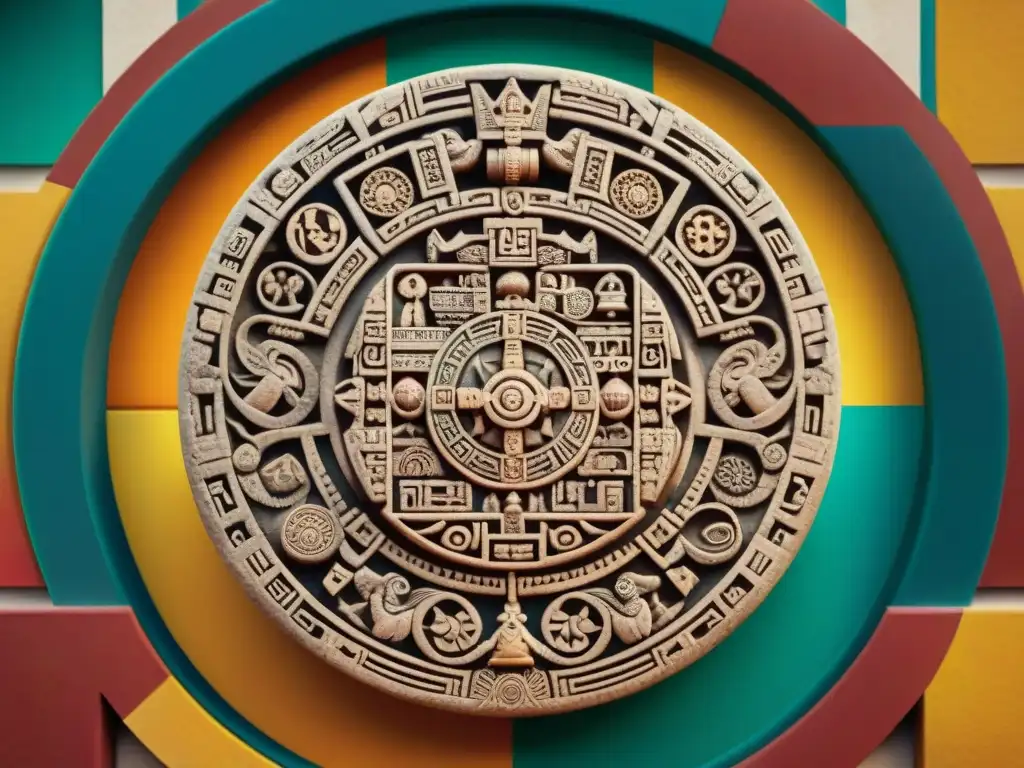 Detallada piedra calendario Maya rodeada de colores vibrantes y símbolos, en un mercado maya bullicioso