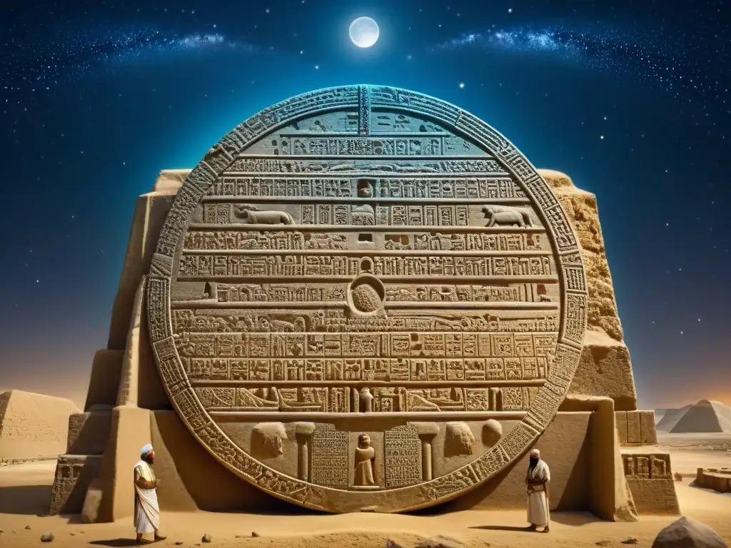 Ilustración detallada de calendarios en civilizaciones antiguas, con observaciones astronómicas, ziggurats, tablillas cuneiformes y cuerpos celestes