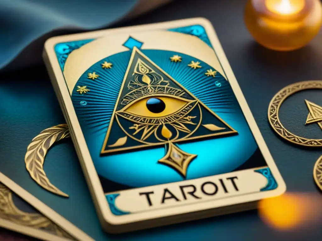 Detallada carta de tarot antigua con símbolos ancestrales, destacando la mística y profundidad