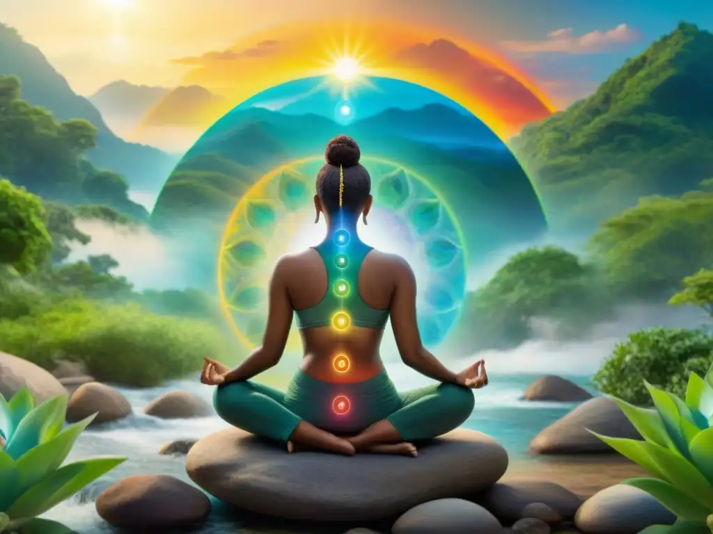 Ilustración detallada de meditación con chakras alineados, emanando energía armoniosa