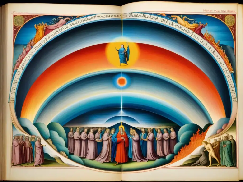 Ilustración detallada de la Divina Comedia de Dante, con interpretaciones esotéricas y colores vibrantes