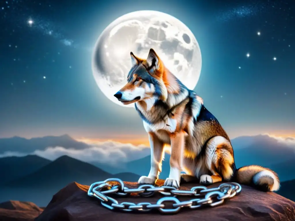 Ilustración detallada del lobo cósmico Fenrir, encadenado por Gleipnir, con la luna y estrellas brillando