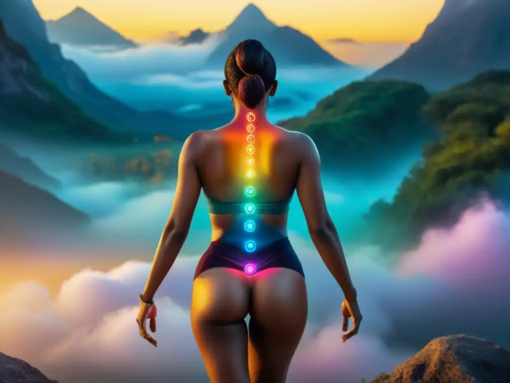 Ilustración detallada del cuerpo humano con chakras brillantes y coloridos en puntos energéticos, en un paisaje sereno