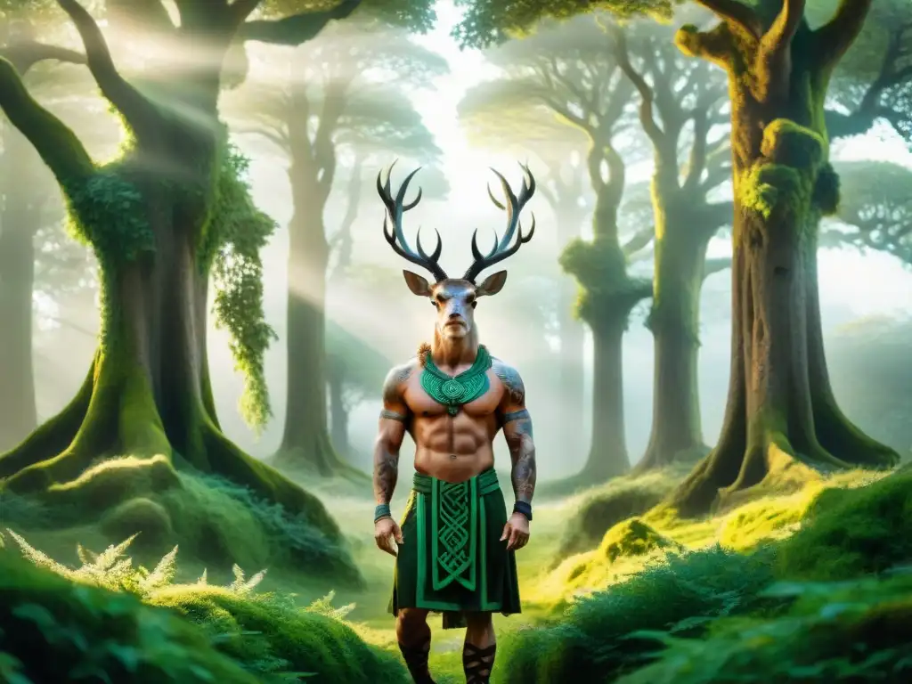 Ilustración detallada de Cernunnos, dios celta, entre robles antiguos en bosque místico