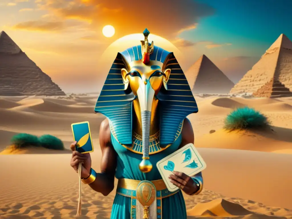 Representación detallada del dios egipcio Thoth con cabeza de ibis, sosteniendo cartas del Tarot en un paisaje desértico místico