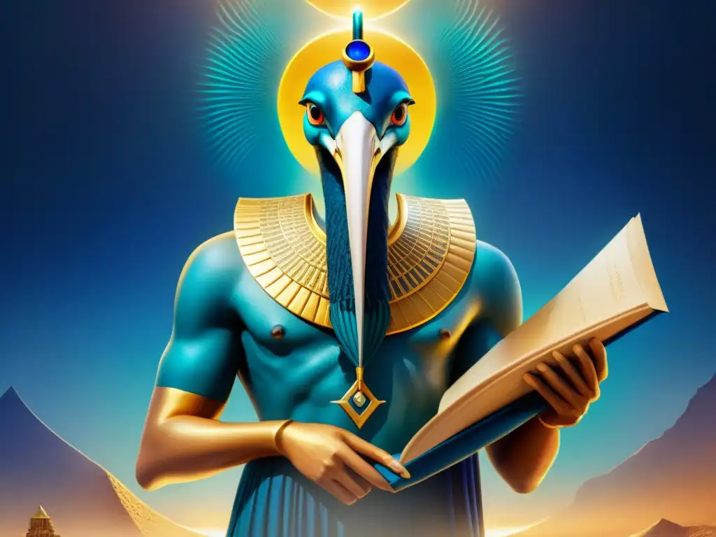 Representación detallada del dios egipcio Thoth con cabeza de ibis y símbolos de sabiduría y magia