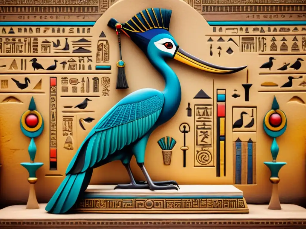 Representación detallada del dios egipcio Thoth, con cabeza de ibis y símbolos celestiales