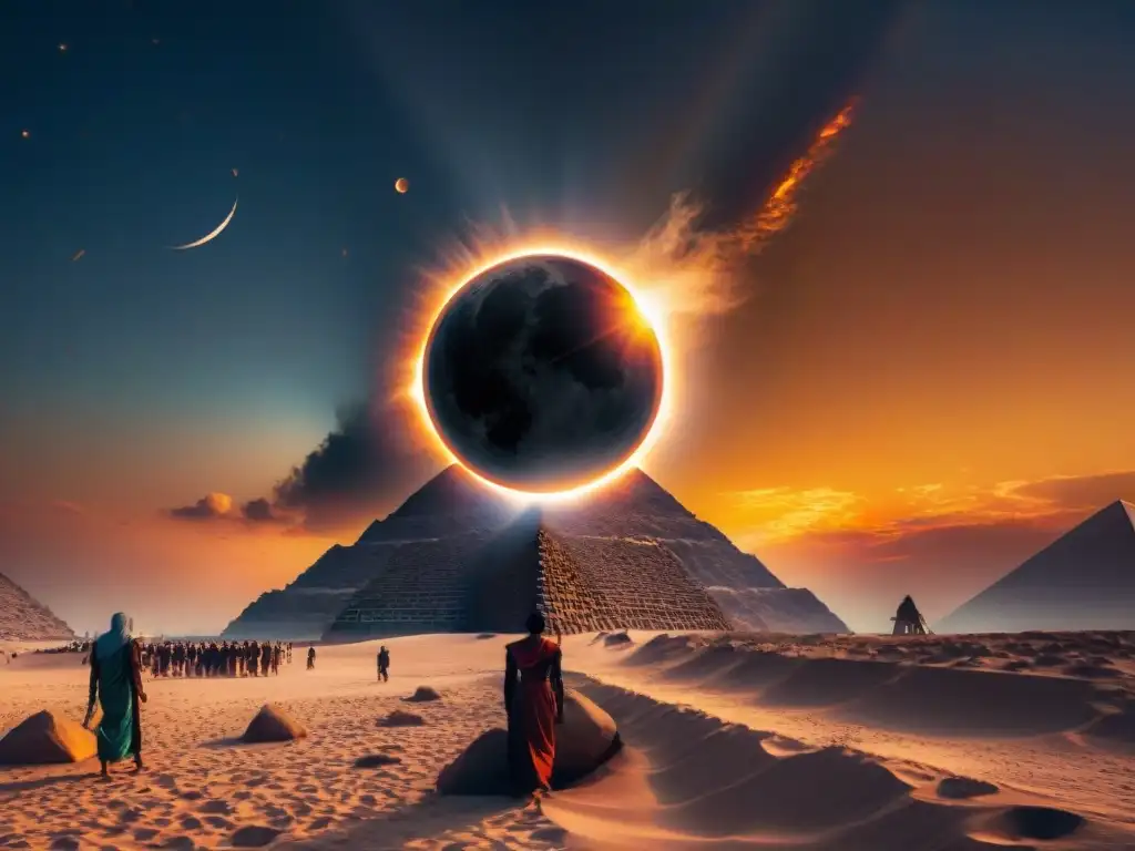 Ilustración detallada del eclipse solar desde la perspectiva de los antiguos egipcios, con símbolos y jeroglíficos en torno al evento celestial