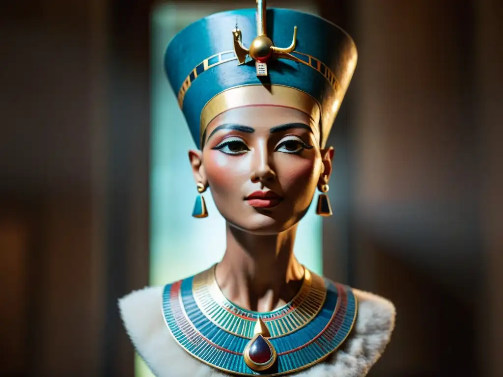 Una representación detallada de la enigmática estatua de la Reina Nefertiti, simbolizando belleza y poder del antiguo Egipto