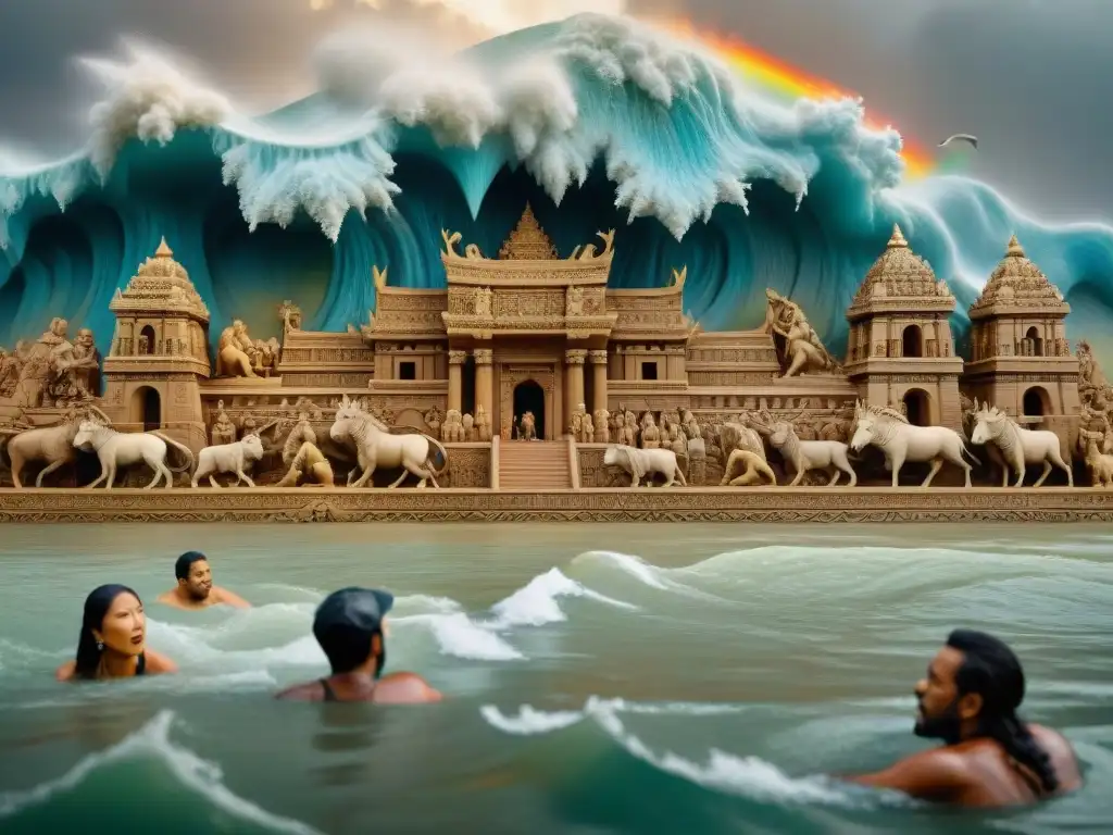 Escena del diluvio: caos y devastación en la civilización precolombina Detallada escultura de piedra ilustrando el mito diluvio en civilizaciones precolombinas, con caos y devastación