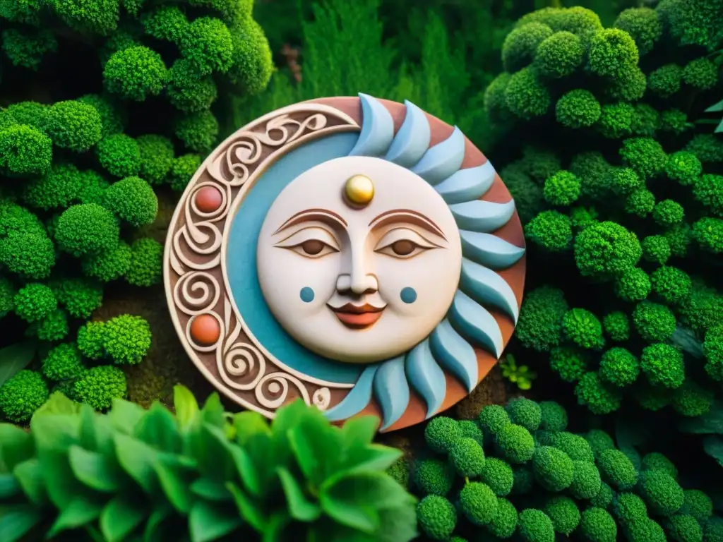 Detallada escultura de sol y luna con motivos aztecas en jardín exuberante