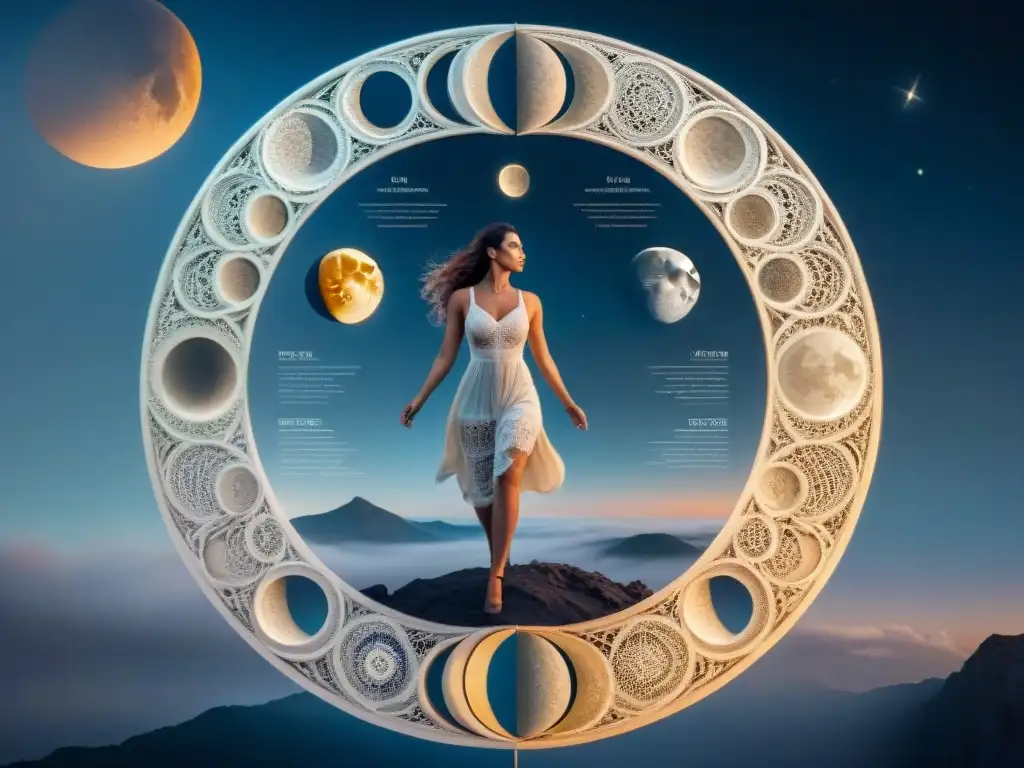 Ilustración detallada de fases lunares entrelazadas con etapas de vida, representando nodos lunares, destino y propósito