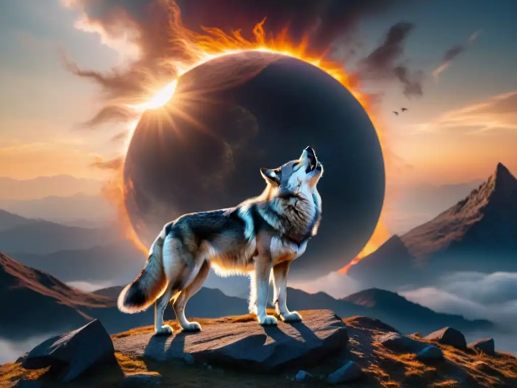 Ilustración detallada de Fenrir, el lobo monstruoso de la mitología nórdica, destacando su tamaño masivo y ojos brillantes, contra un eclipse solar