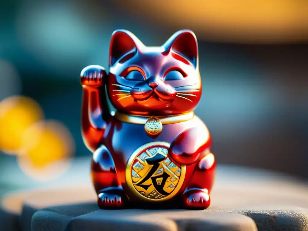 Detallada figura de Manekineko rojo con patita alzada, reflejando la luz y revelando sus patrones cerámicos