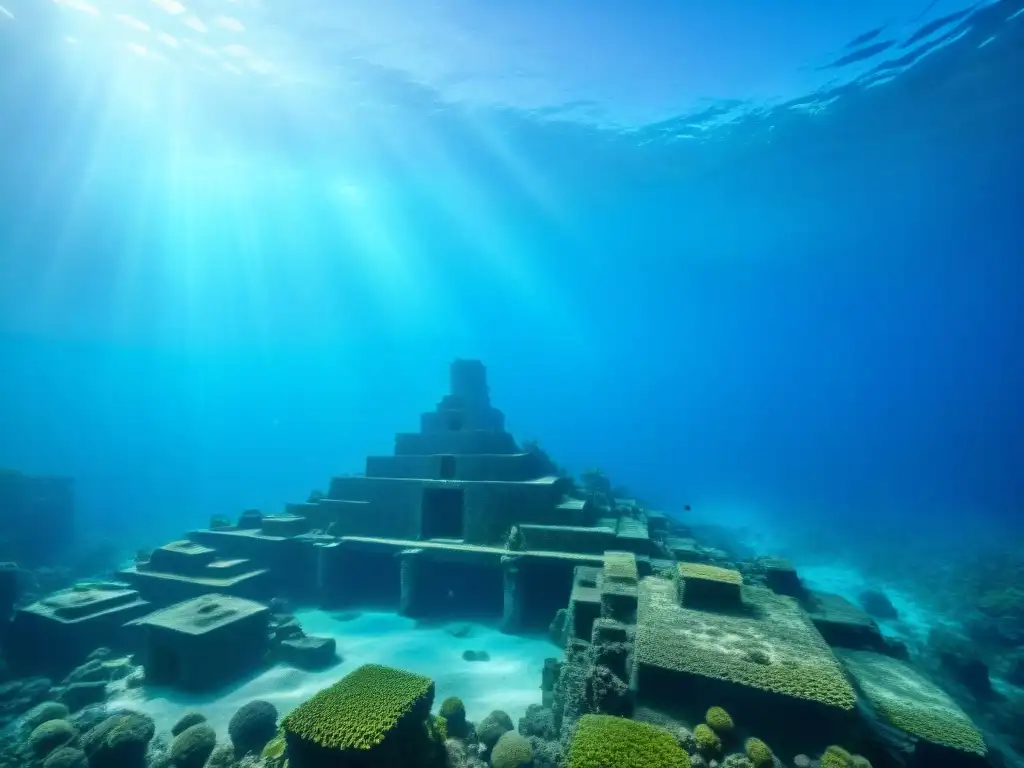 Detallada foto de la ciudad sumergida Yonaguni Lemuria: misteriosas ruinas de piedra rodeadas de aguas cristalinas y vida marina