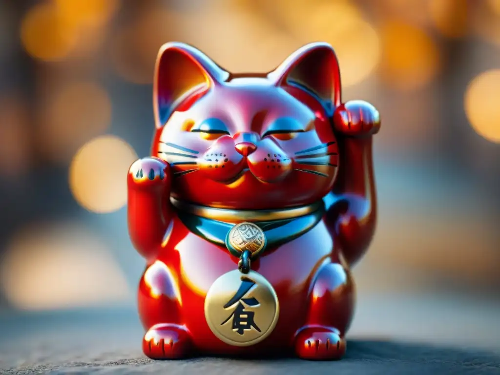 Detallada foto de Manekineko rojo, amuleto de buena suerte en la cultura popular japonesa