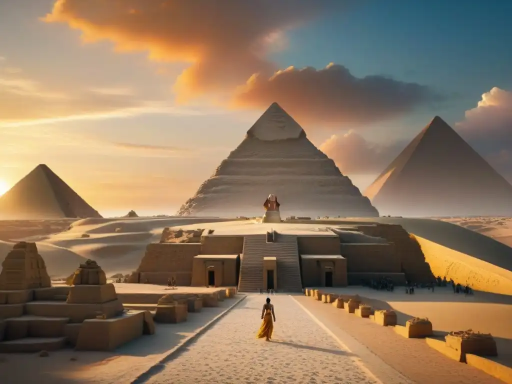 Réplica detallada del Gran Esfinge de Giza en Hollywood al atardecer, evocando la majestuosidad de monumentos antiguos en cine