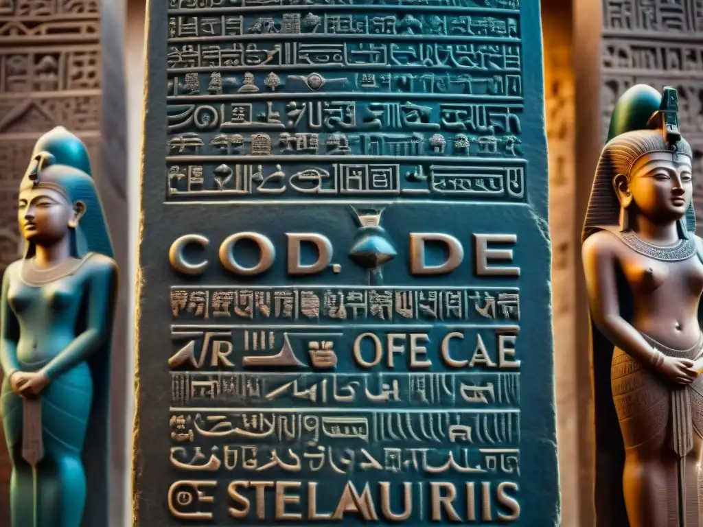 Estela de Hammurabi: Detalles cuneiformes en un escenario babilónico Una detallada imagen del antiguo Código de Hammurabi en una estela bien conservada, rodeada de intrincadas inscripciones cuneiformes y relieves