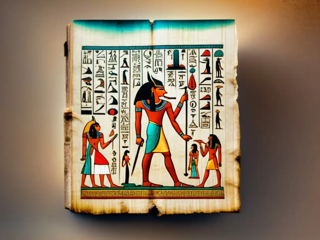 Una detallada imagen del antiguo Libro de Thoth egipcio en papiro, con jeroglíficos y símbolos misteriosos iluminados por luz etérea