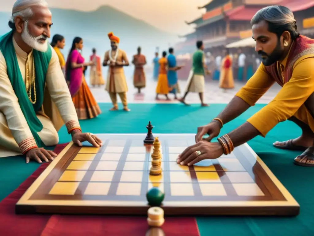 Detallada imagen de atletas antiguos de la India jugando Pachisi en un mercado bullicioso