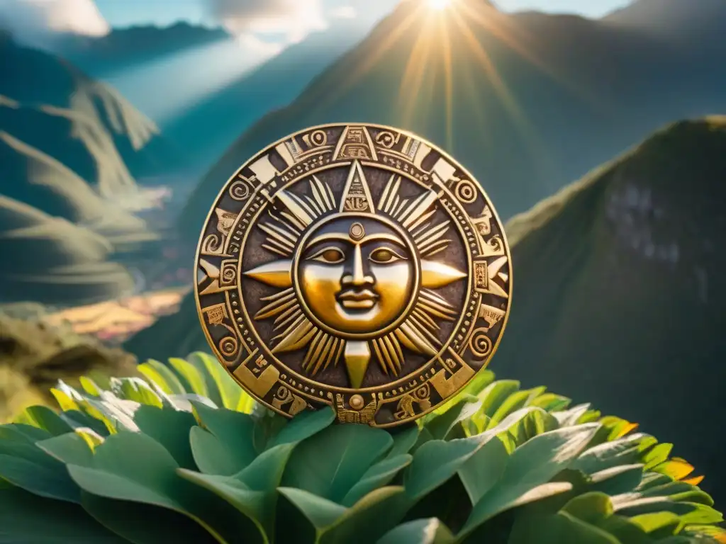 Una detallada imagen del disco dorado del sol, símbolo de Inti, dios inca del sol, con patrones geométricos