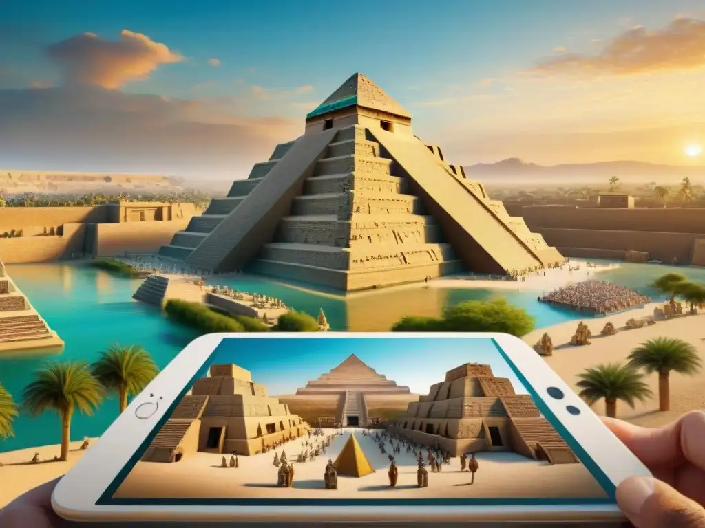 Una detallada imagen que muestra escenas de civilizaciones Azteca y Sumeria, con mercados bulliciosos y ziggurats