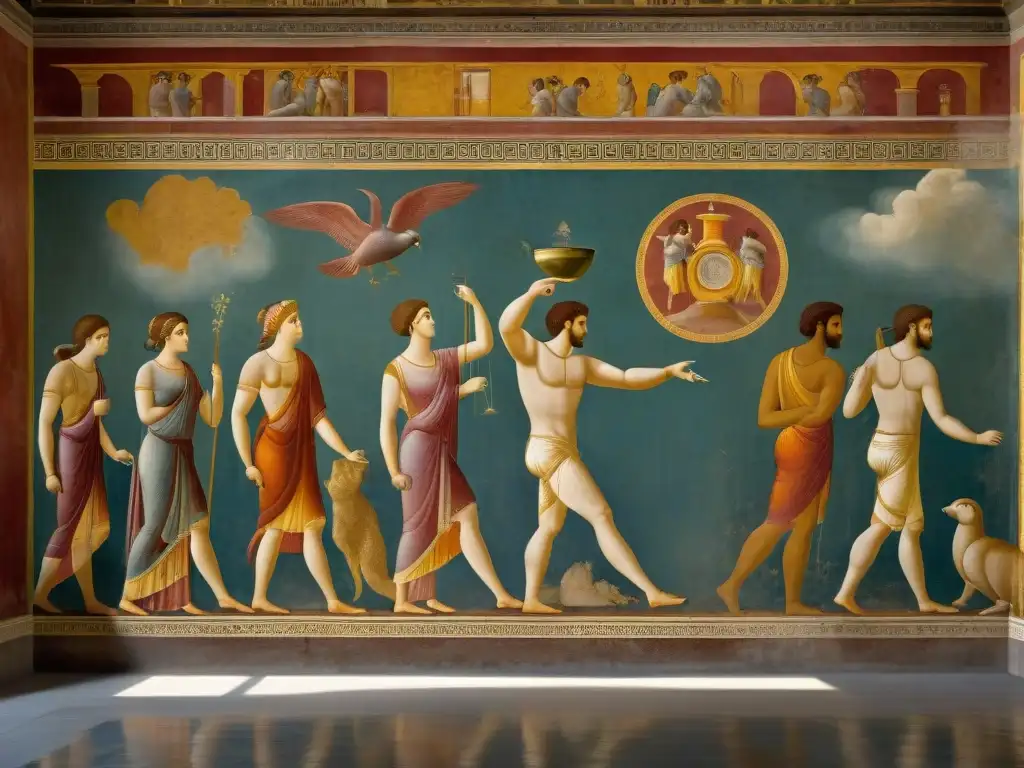 Detallada imagen 8k de frescos antiguos Pompeya hoy, con colores vibrantes y escenas misteriosas de la vida diaria romana