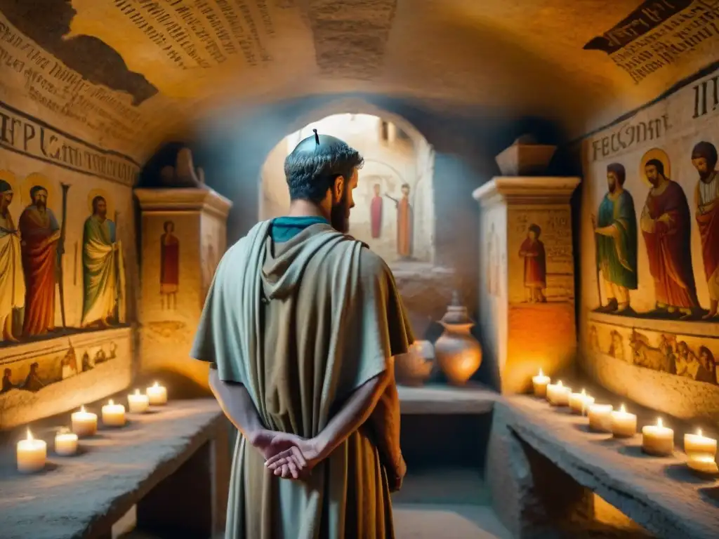 Detallada imagen de frescos en las Catacumbas de Domitilla, mostrando prácticas funerarias del cristianismo primitivo en Roma