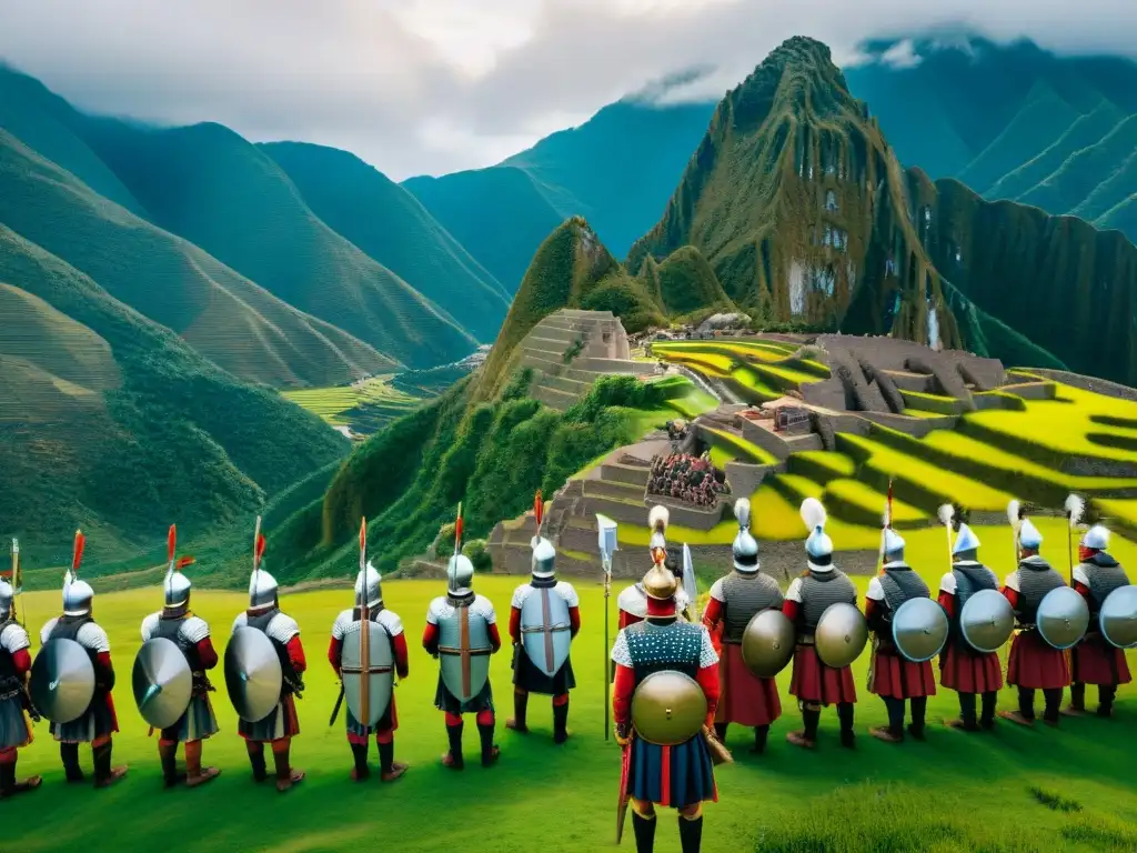 Detallada imagen de guerreros incas en formación militar, con terrazas agrícolas y montañas al fondo