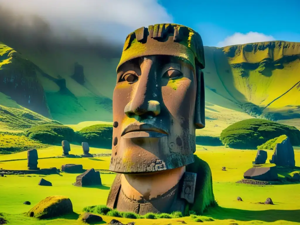 Detallada imagen de un Moai en Isla de Pascua, resaltando sus grabados y aspecto envejecido