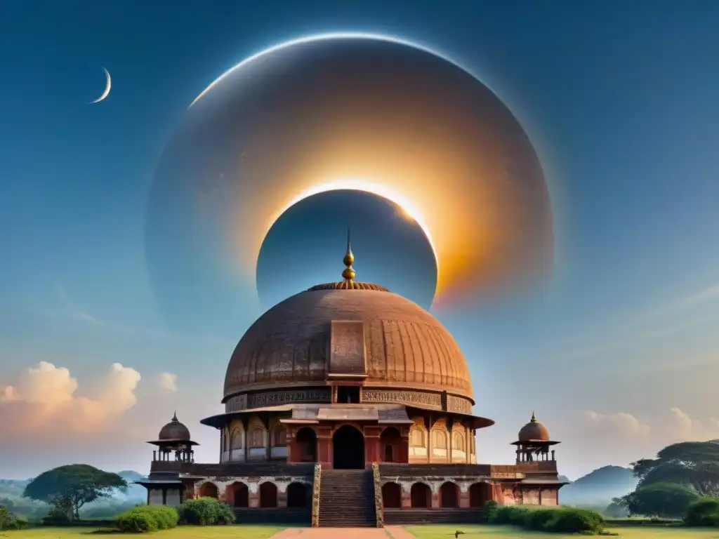 Detallada imagen de un observatorio antiguo en la India, con instrumentos astronómicos y un eclipse solar, rodeado de exuberante vegetación