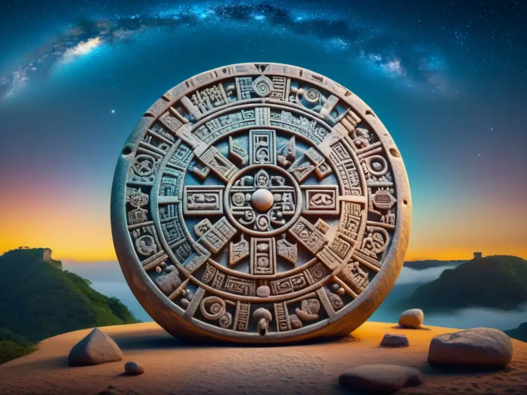 Detallada imagen de la piedra del calendario maya con símbolos del Tzolk'in, bajo un cielo estrellado