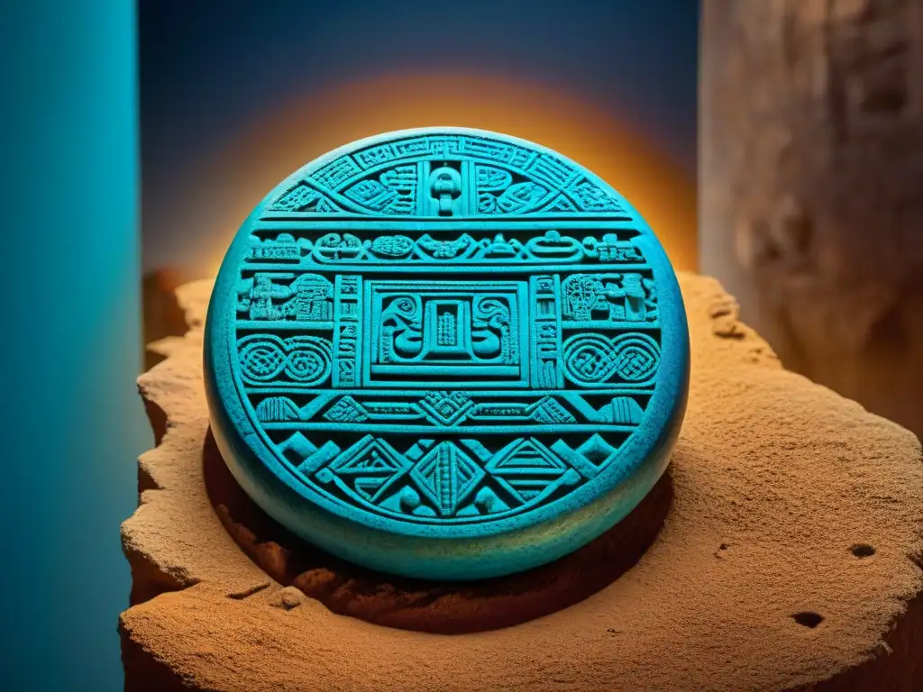 Una detallada imagen de una piedra azteca cubierta de intrincados símbolos, revelando la artesanía y simbolismo de este imperio perdido