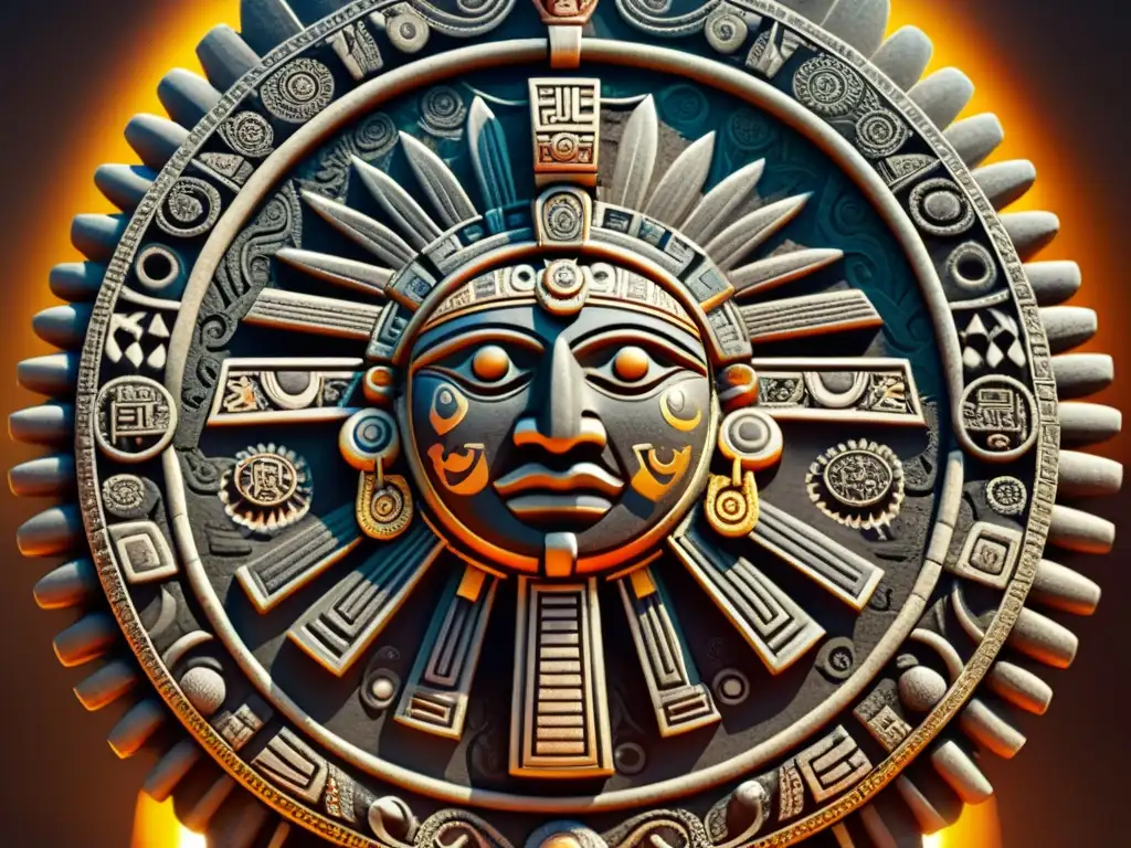 Detallada imagen de la Piedra del Sol Azteca, con Tonatiuh en el centro y símbolos de la cosmología azteca