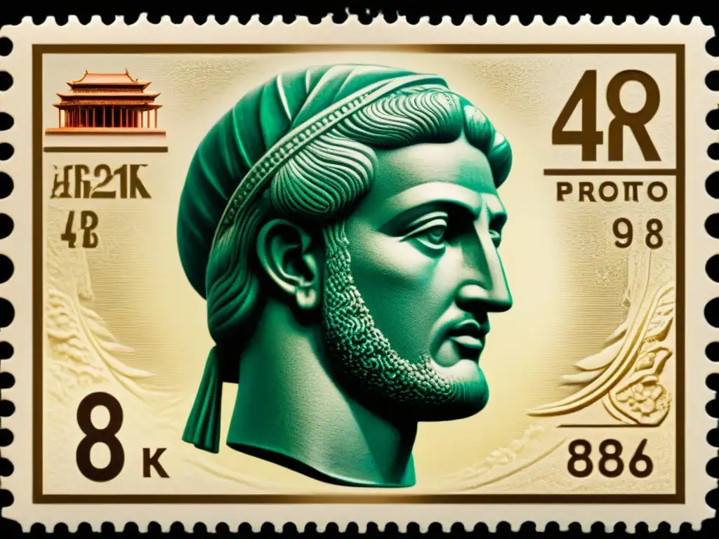 Detalles históricos: Sello antiguo con grabados de figuras y monumentos Una detallada imagen de un sello antiguo, con grabados de figuras históricas y monumentos
