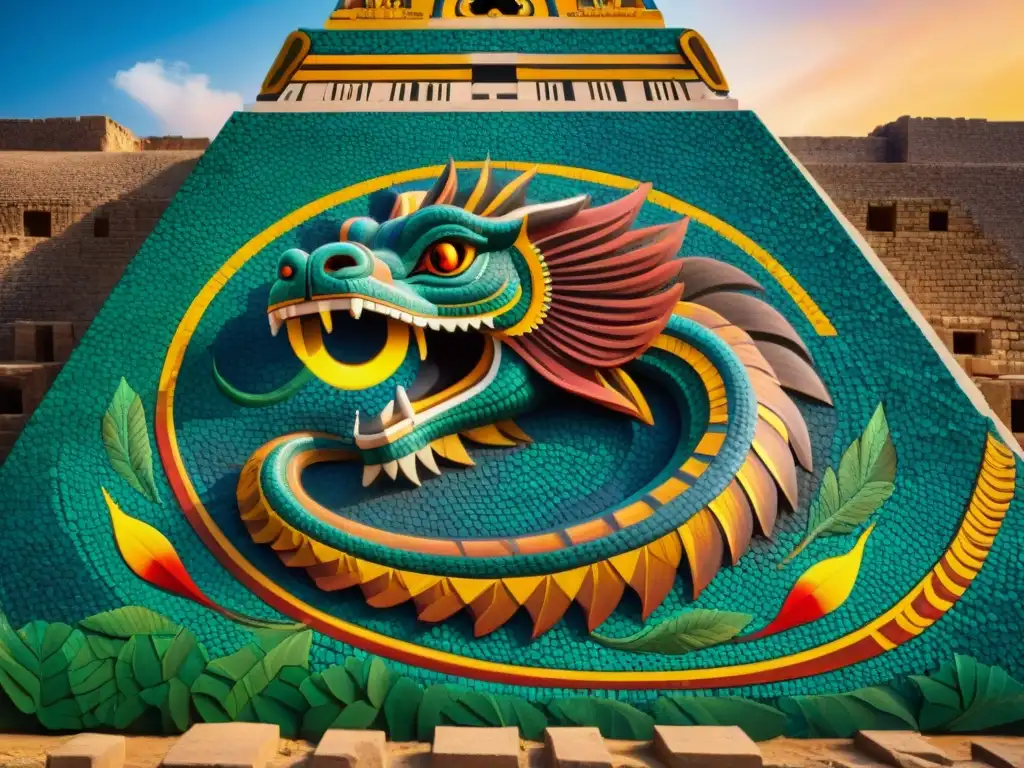 Detallada imagen de una serpiente emplumada en mosaico mesoamericano con colores vibrantes y sombras dinámicas