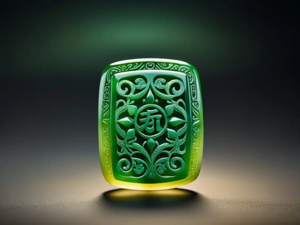 Detallada imagen de un talismán de jade antigua China, con grabados simbólicos de inmortalidad y protección