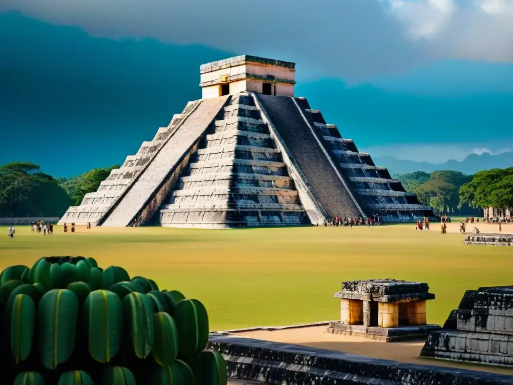 Detallada imagen del Templo de Kukulcán en Chichén Itzá, destacando el sincretismo religioso en civilizaciones antiguas