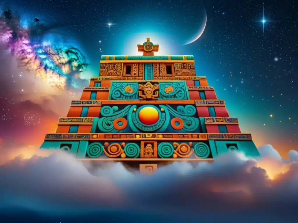 Una detallada imagen de un vibrante mural maya que muestra interpretaciones de los Tres Reinos en el cielo maya, con colores y símbolos impactantes