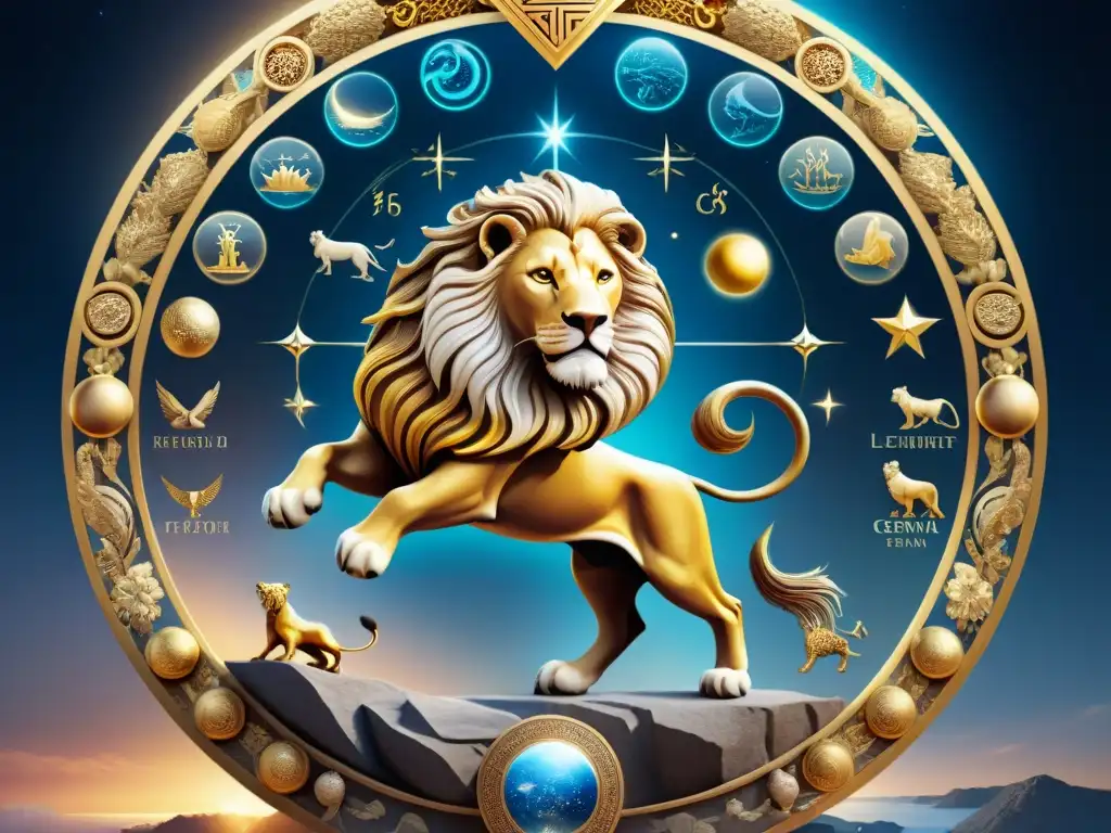 Ilustración detallada e intrincada de los doce signos zodiacales entrelazados con figuras de la mitología griega, como Aries y el Vellocino de Oro, Géminis con Cástor y Pólux, y Leo con el León de Nemea