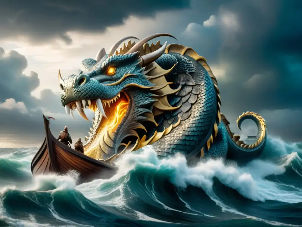 Ilustración detallada de Jormungandr, la serpiente marina nórdica, enredada en un barco vikingo mientras se acercan nubes tormentosas