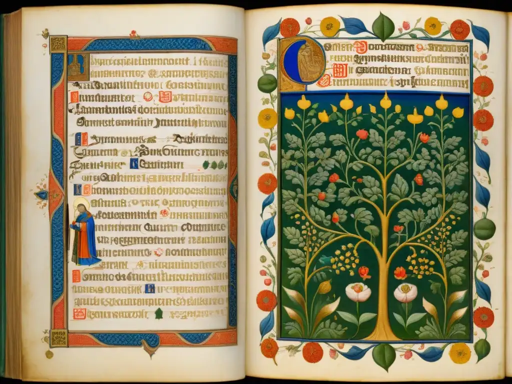 Ilustración detallada de un manuscrito medieval con jardín exuberante y patrones florales, colores vibrantes y detalles en oro