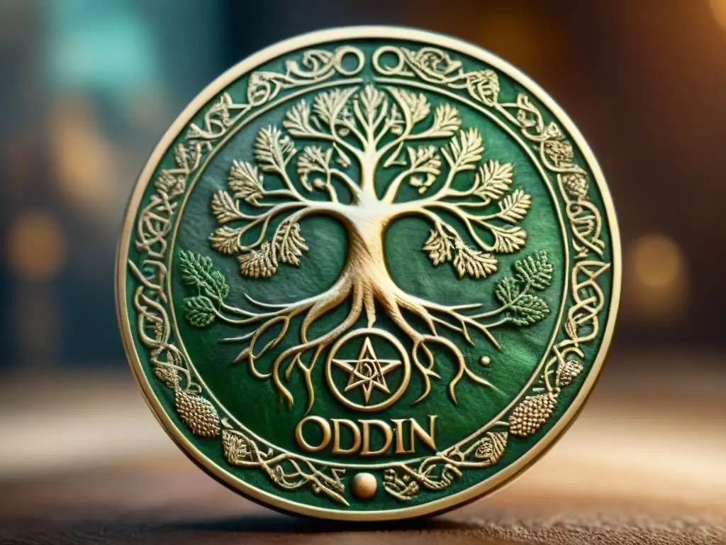 Detallada moneda antigua con Odin, dios nórdico, y Yggdrasil