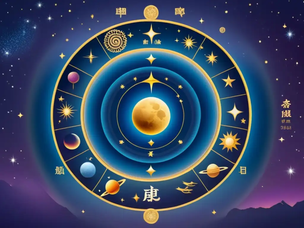 Ilustración detallada de los orígenes astronómicos del calendario chino, con constelaciones y fases lunares sobre China antigua