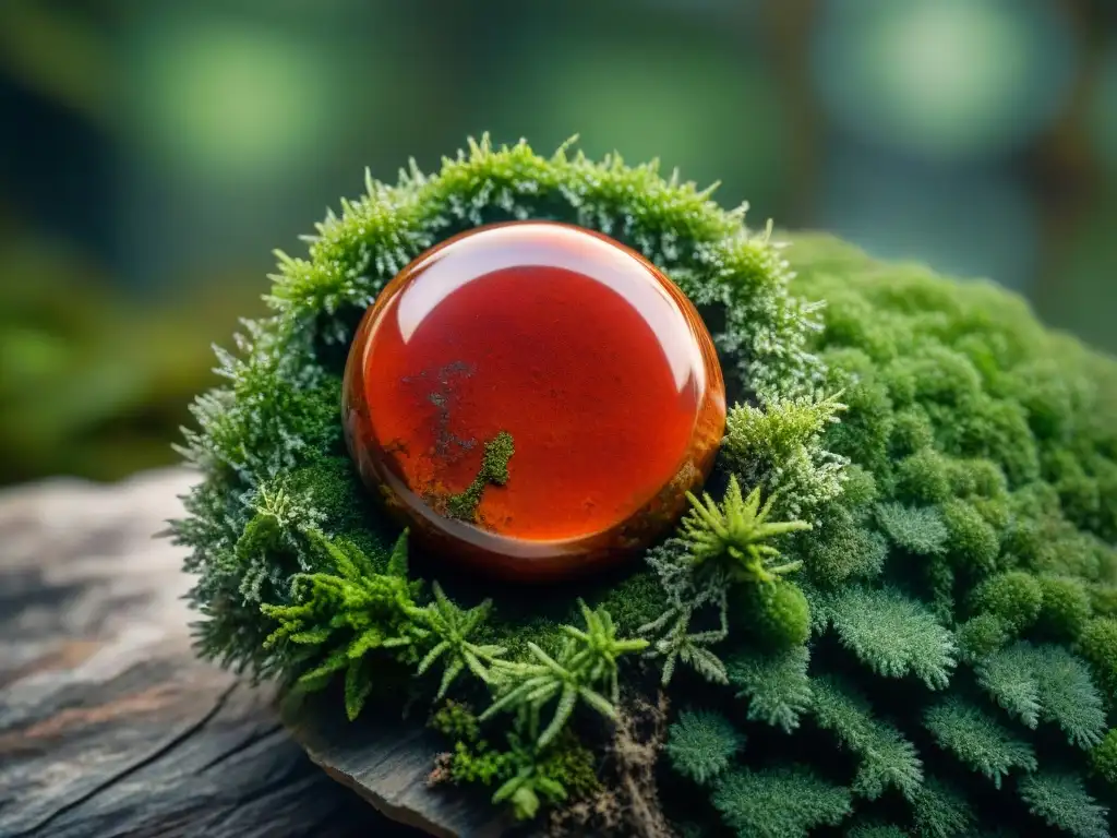 Fotografía detallada de una piedra de jaspe rojo vibrante sobre musgo, resaltando sus propiedades místicas