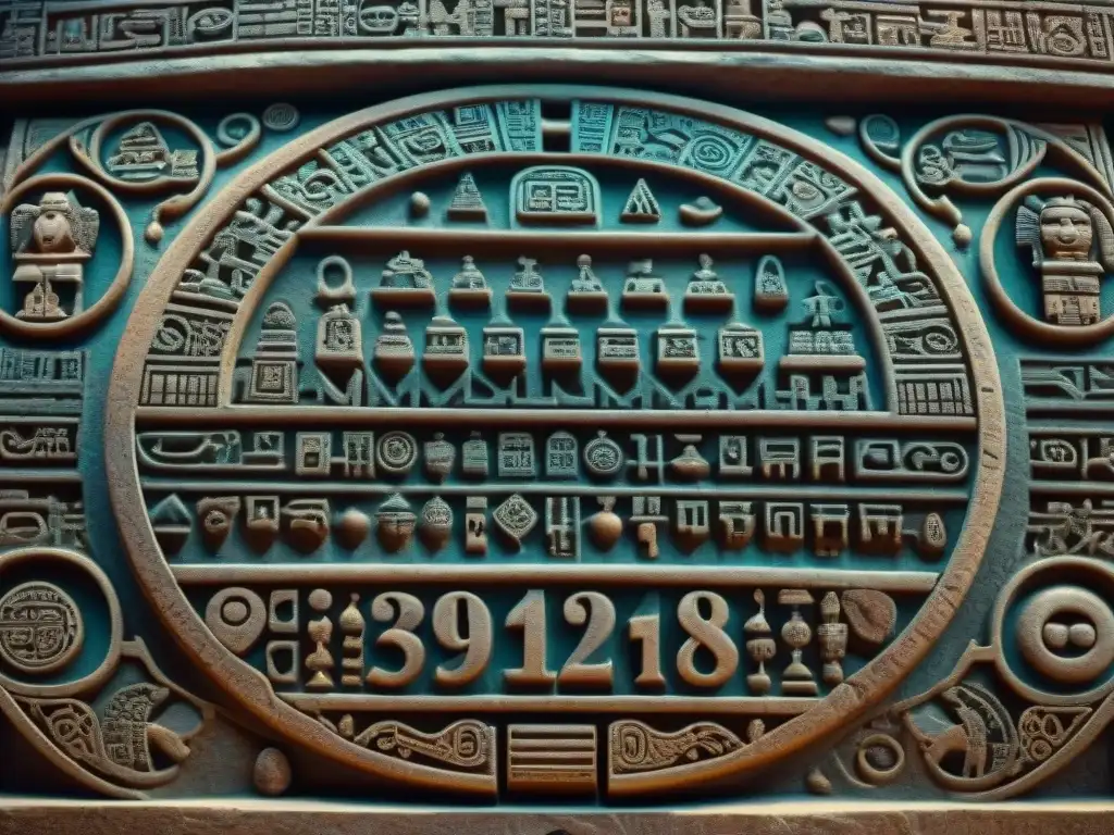 Detallada piedra tallada maya con profecía del calendario cuenta larga, revelando la precisión y complejidad ancestral