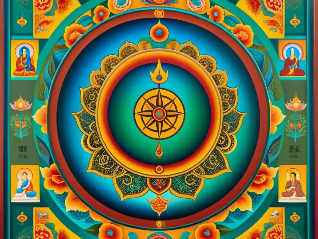 Una detallada pintura tibetana thangka muestra el significado de la rueda Samsara en el budismo, con colores vibrantes y detalles intrincados