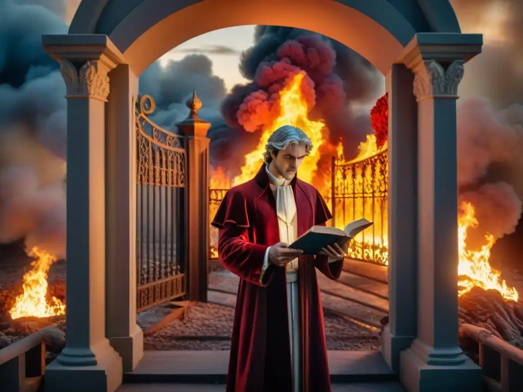 Ilustración detallada de Dante Alighieri en las puertas del infierno, rodeado de llamas y criaturas ominosas, para interpretaciones esotéricas Divina Comedia Dante